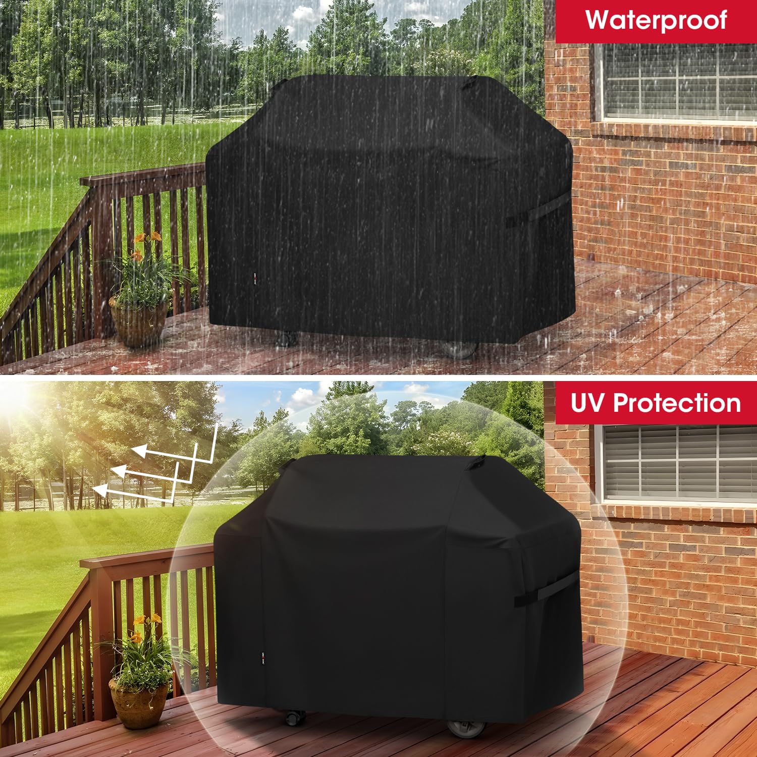 Unicook funda colocada en parrilla exterior protegiendo contra lluvia