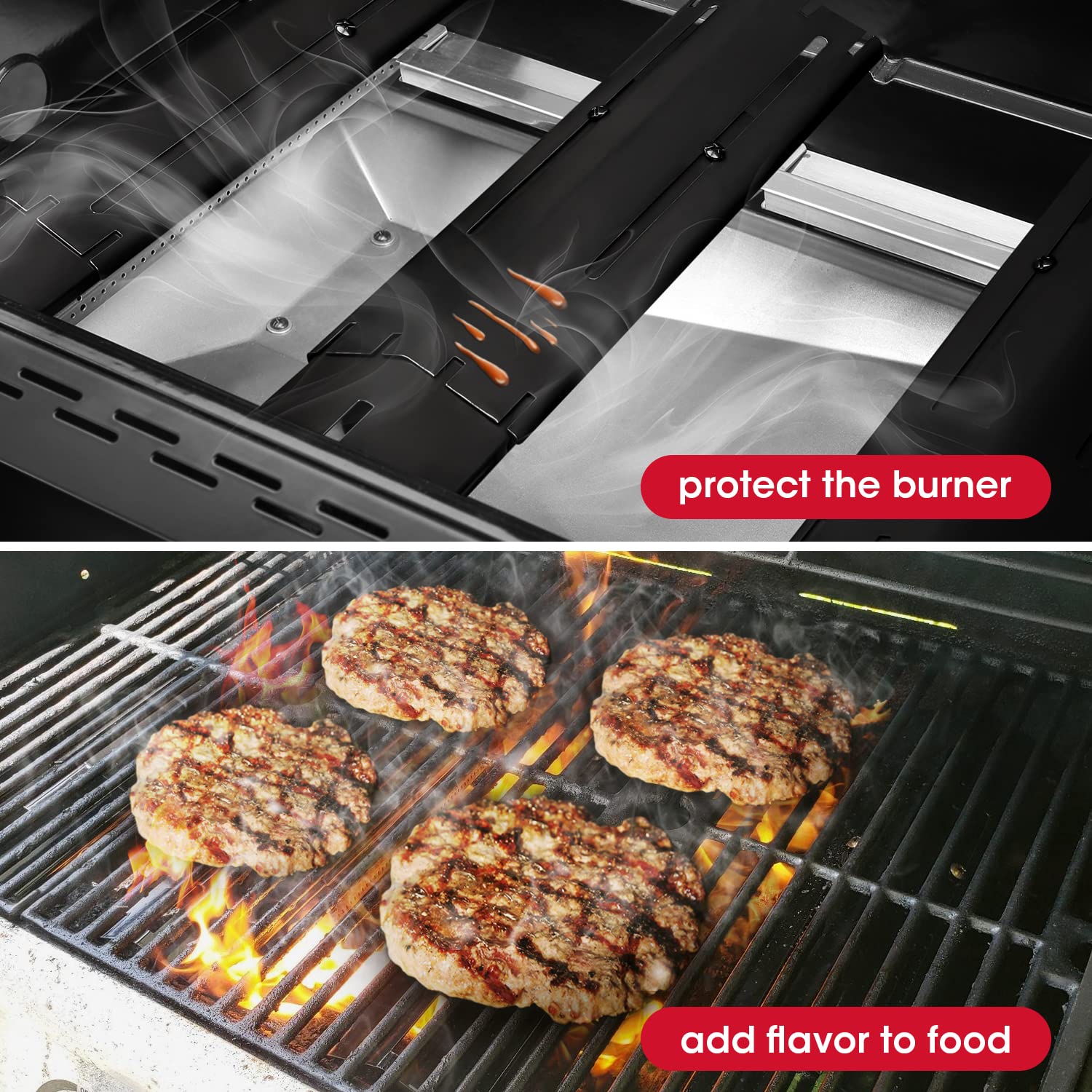 Unicook placas instaladas en parrilla a gas reduciendo llamaradas y distribuyendo calor