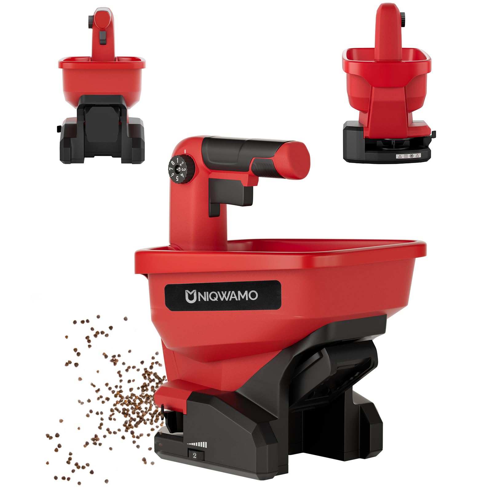 Uniqwamo vista frontal del esparcidor mostrando el depósito y ergonomía para fácil manejo
