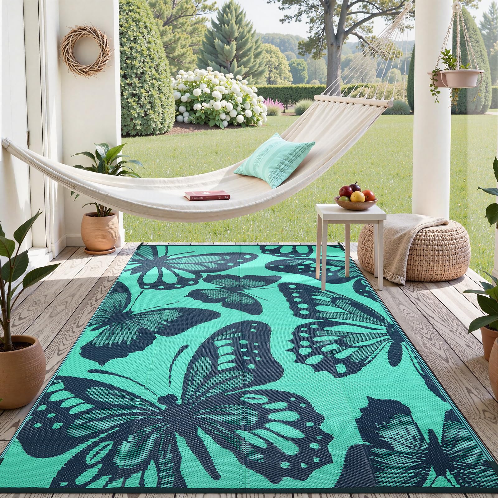 Uphome alfombra frontal teal mostrando tamaño y color vibrante