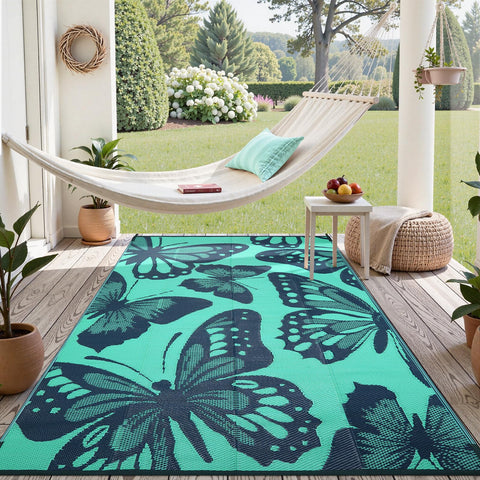 Uphome alfombra frontal teal mostrando tamaño y color vibrante