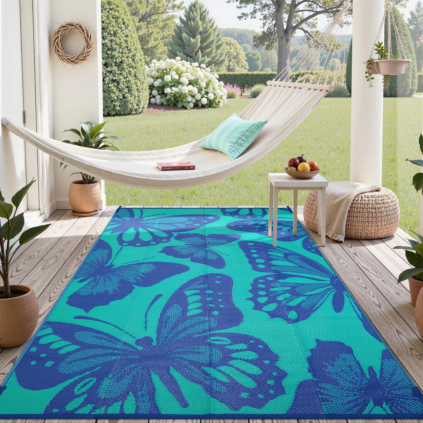 Uphome alfombra exterior frontal mostrando diseño colorido y beneficio decorativo
