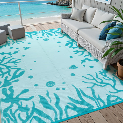 Uphome alfombra exterior frontal mostrando diseño costero y uso elegante