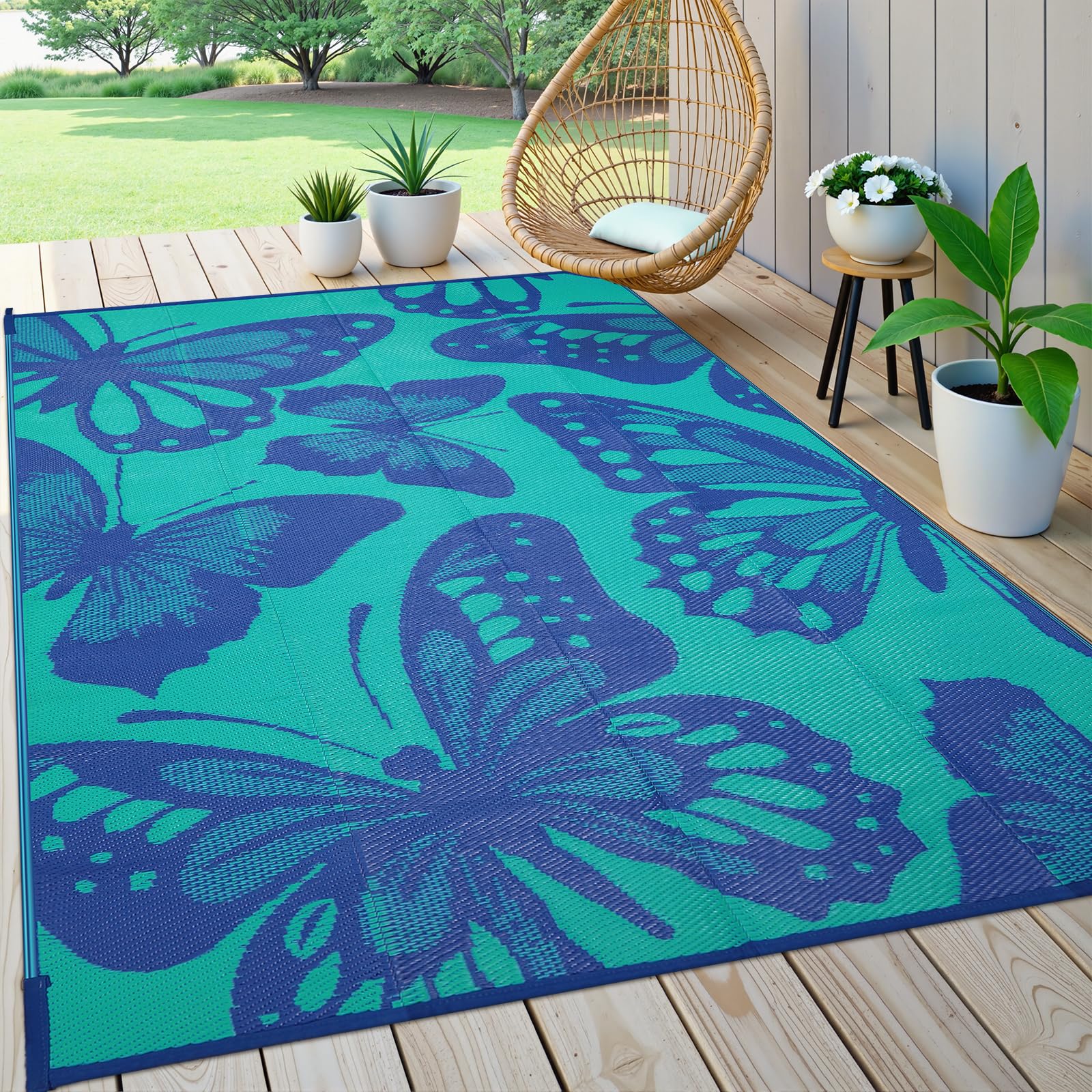 Uphome vista frontal de la alfombra exterior mostrando diseño reversible y tamaño