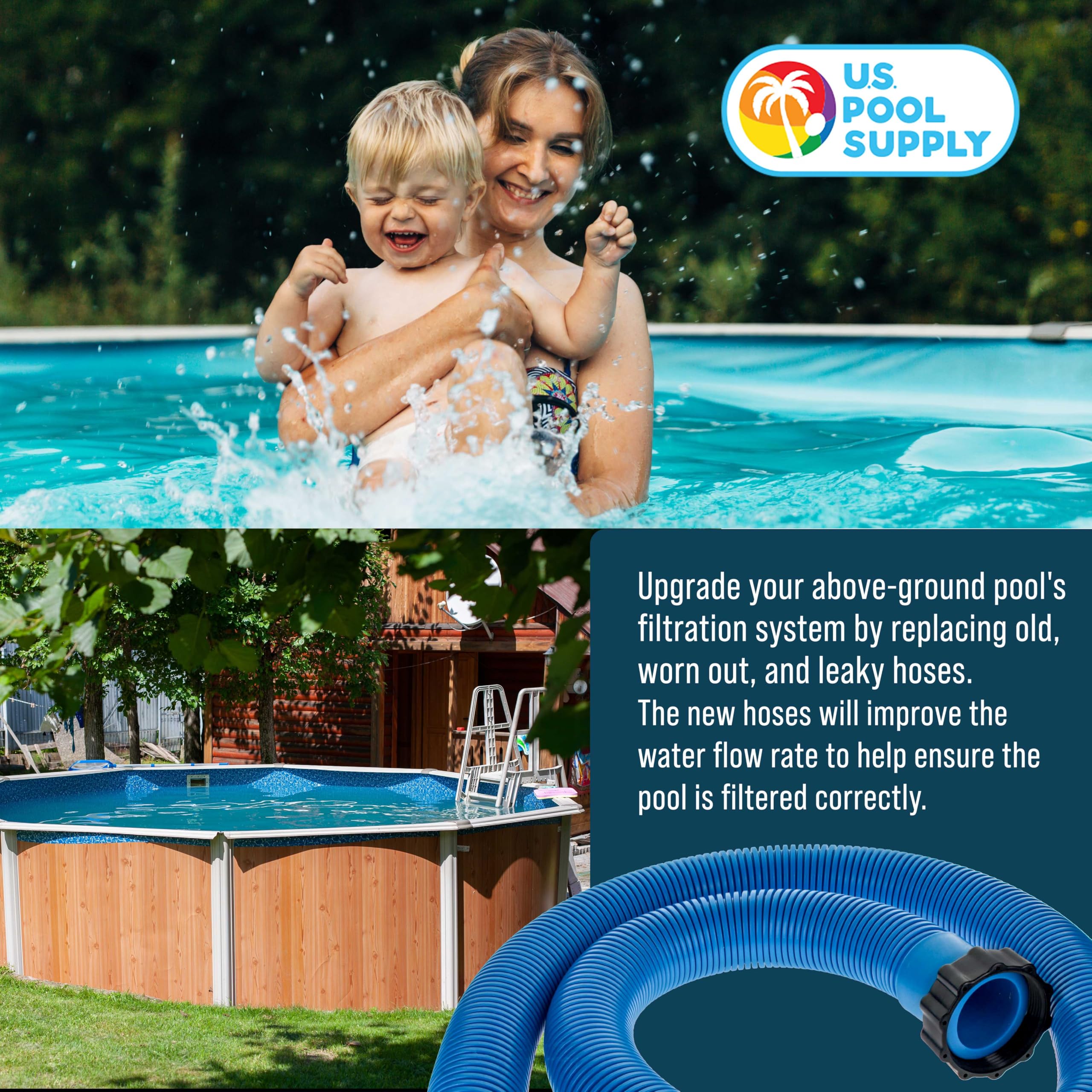 U.S. Pool Supply etiqueta y tono azul de la manguera mostrando compatibilidad y durabilidad