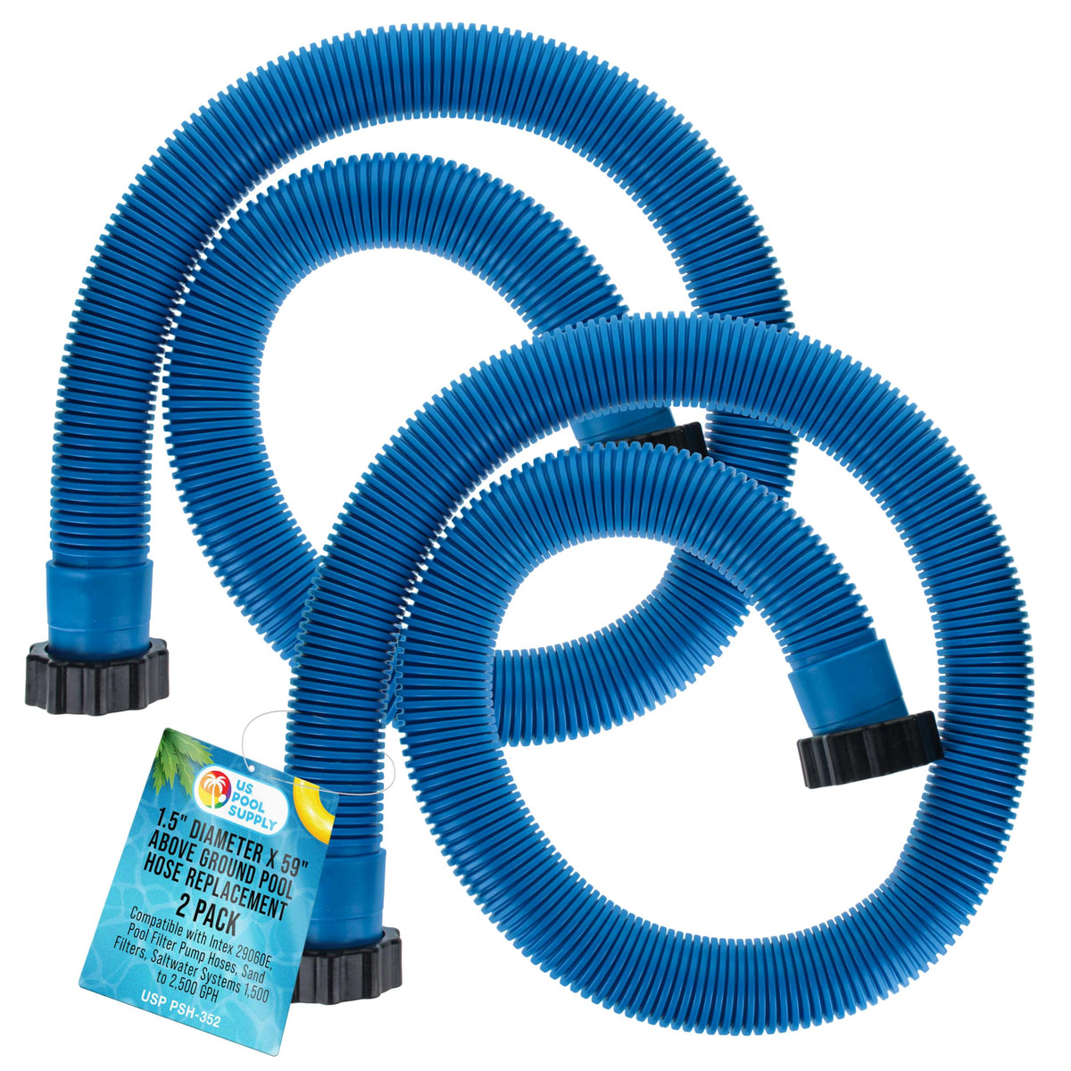 U.S. Pool Supply manguera frontal enrollada mostrando longitud y color azul para reemplazo