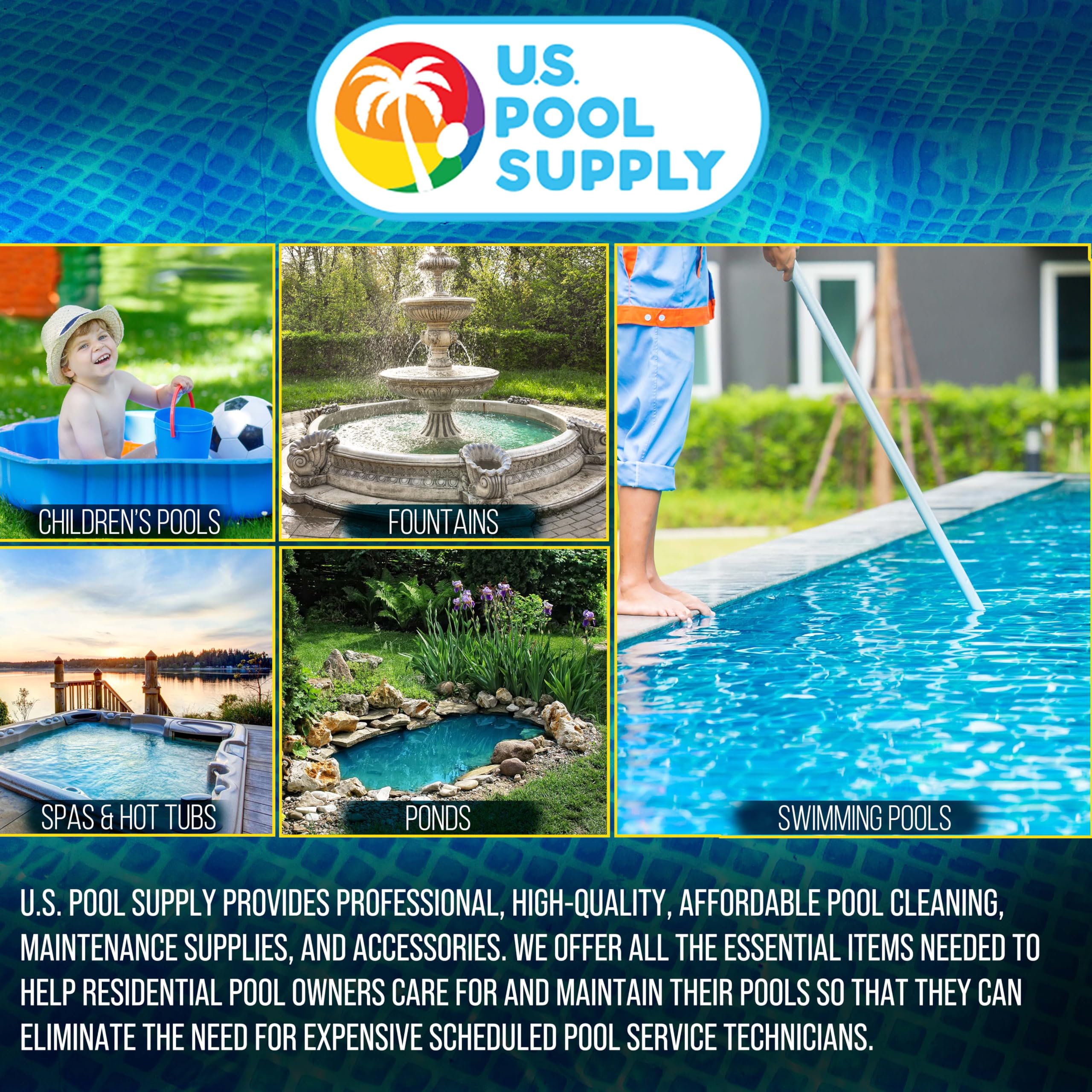 U.S. Pool Supply comparación de tamaño mostrando escala junto a mano