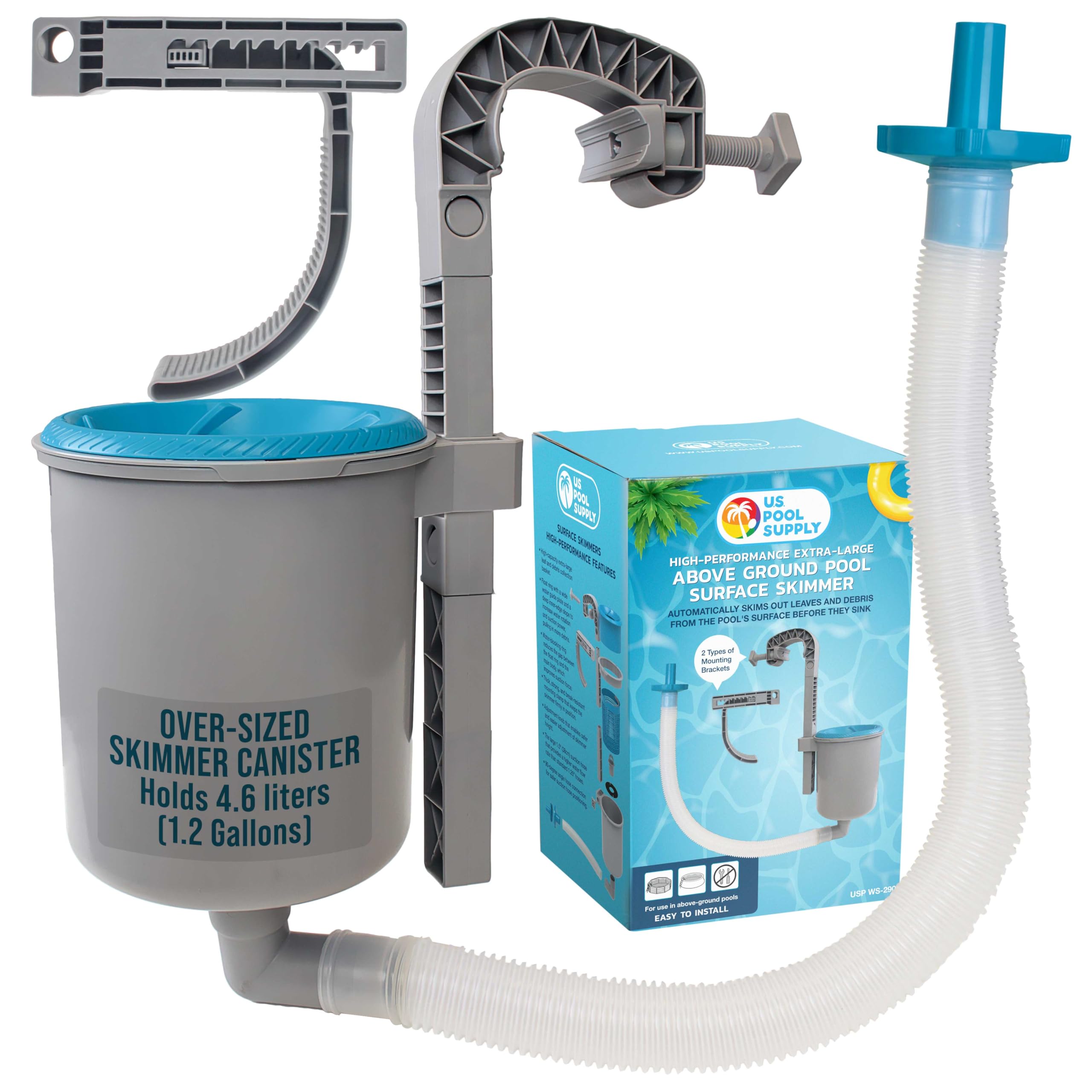 U.S. Pool Supply skimmer frontal mostrando canasta y carcasa duradera