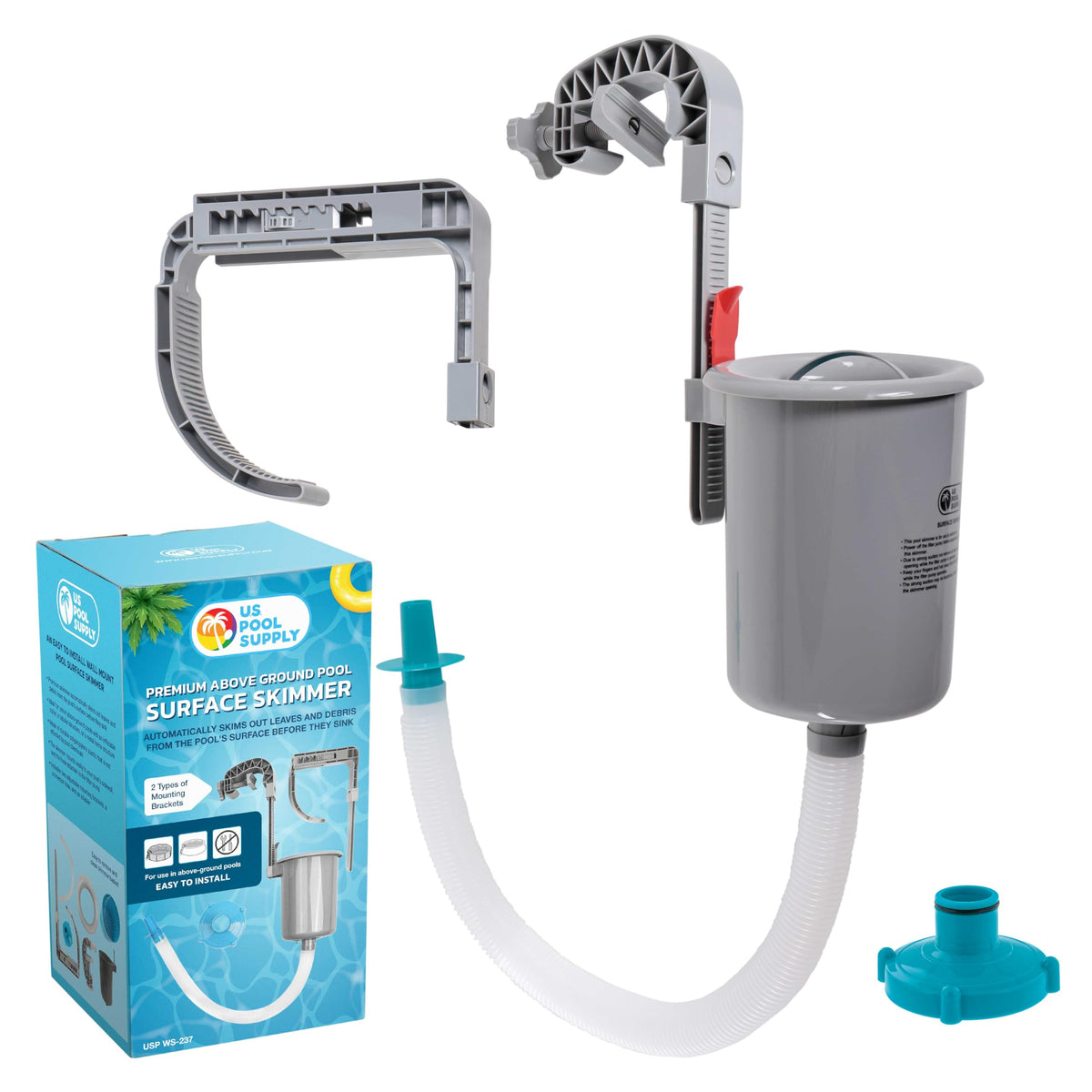 U.S. Pool Supply skimmer vista frontal mostrando montaje sencillo y limpieza inmediata