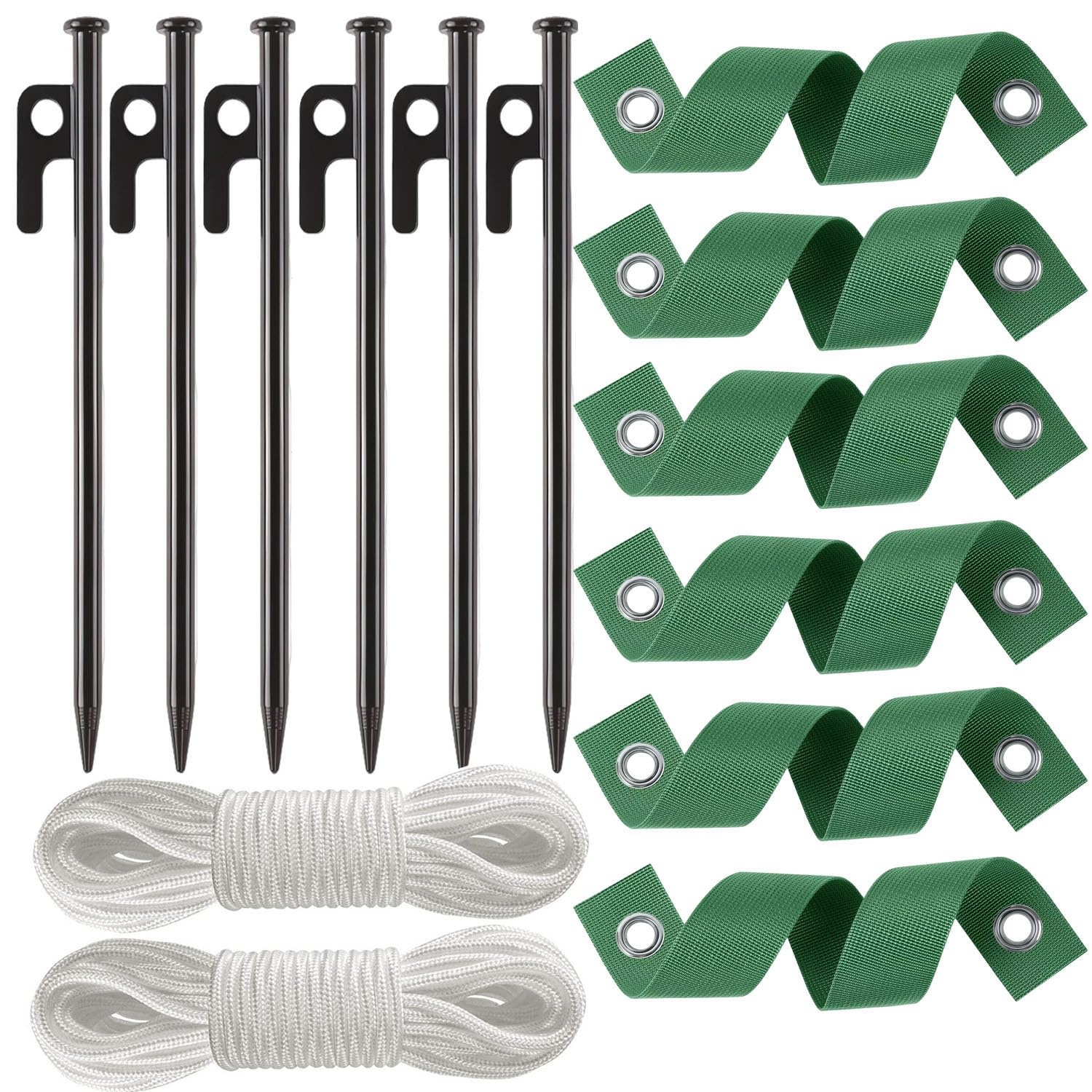 USEDGDIG kit frontal con 6 estacas, correas y cuerdas mostrando el contenido completo