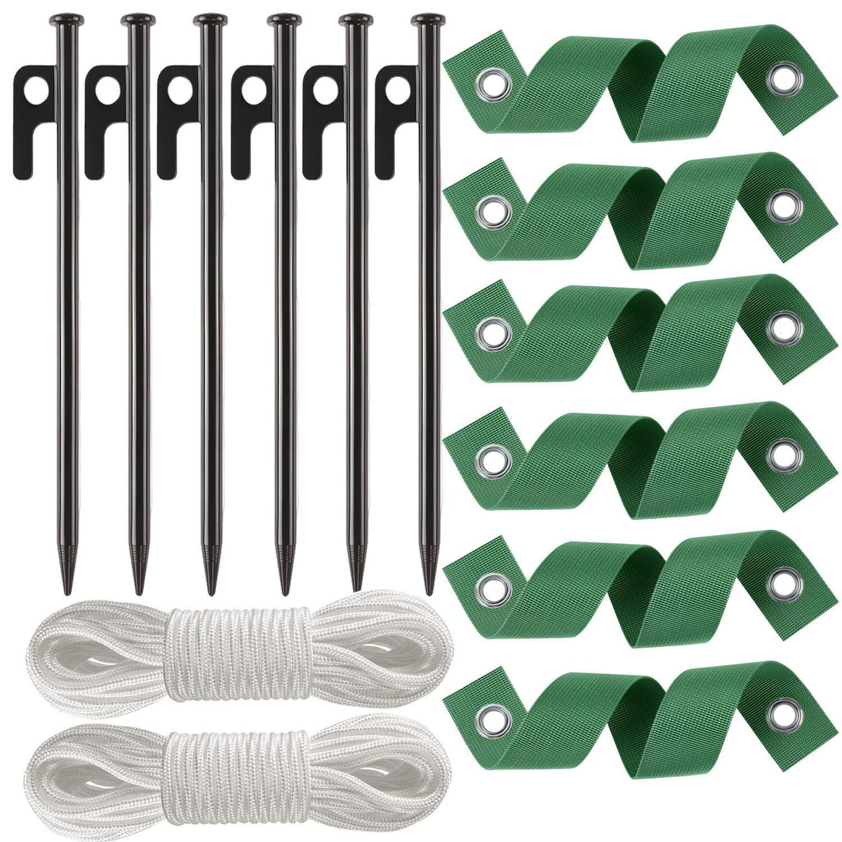 USEDGDIG kit frontal con 6 estacas, correas y cuerdas mostrando el contenido completo