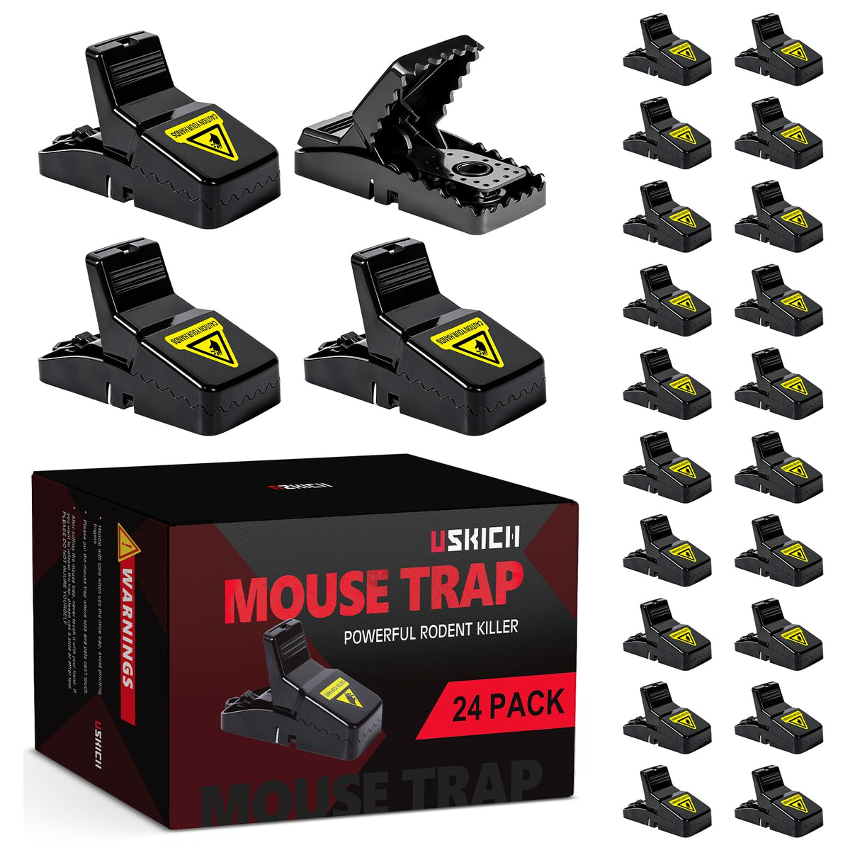 USKICH embalaje frontal mostrando 24 trampas, ideal para control doméstico