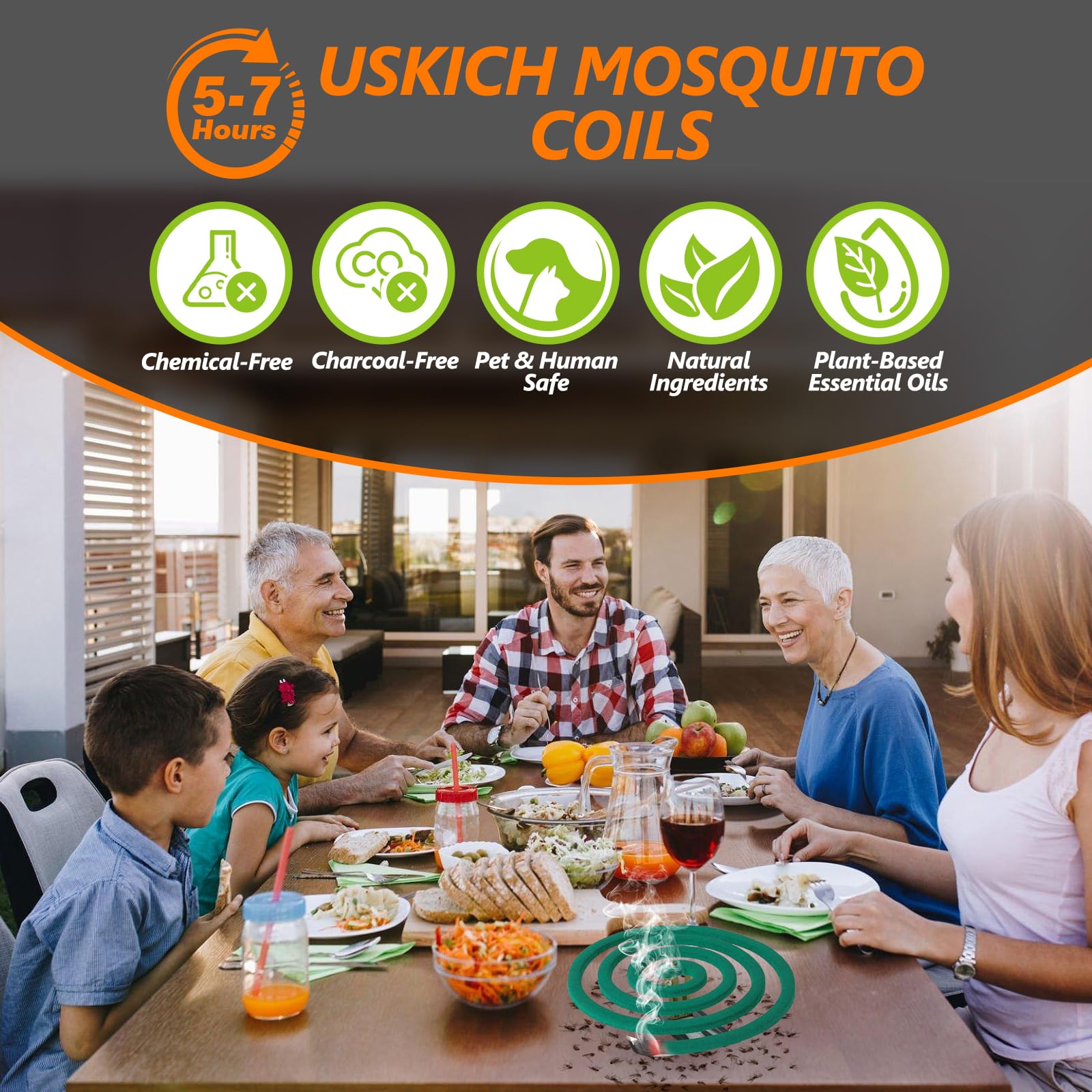 USKICH espiral encendida en soporte mostrando uso seguro y aroma constante