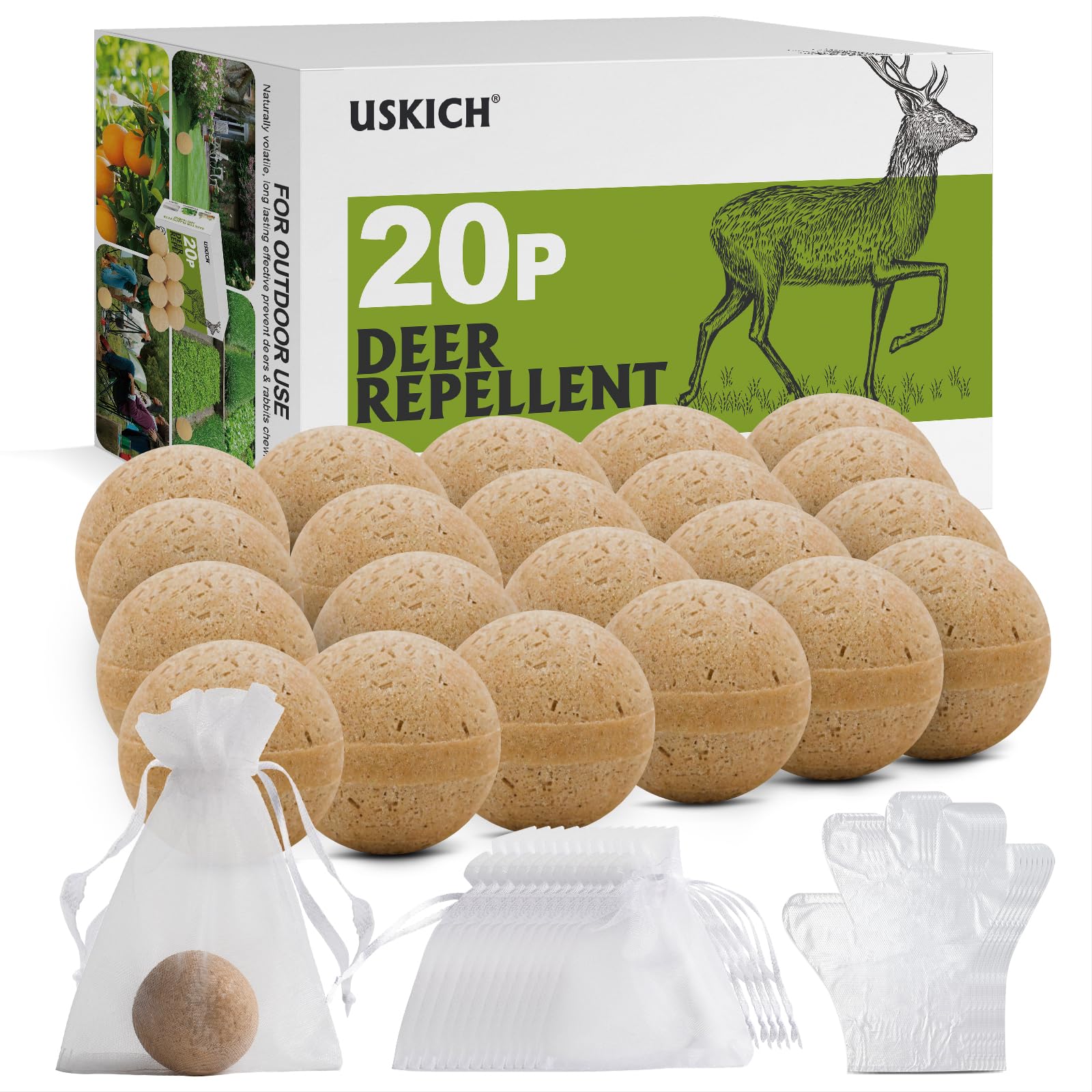 USKICH frente del paquete mostrando 20 unidades y accesorios, protege plantas