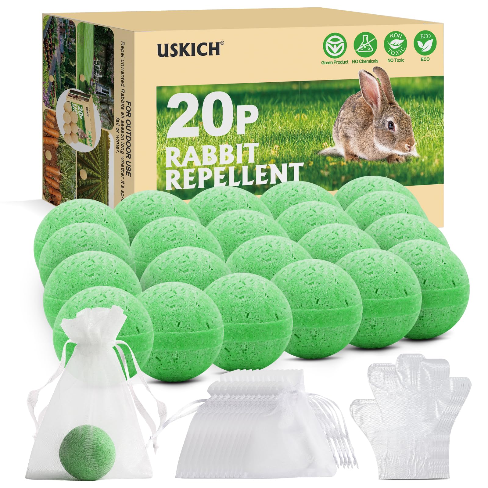 USKICH frente del paquete repelente muestra 20 bolitas protege plantas