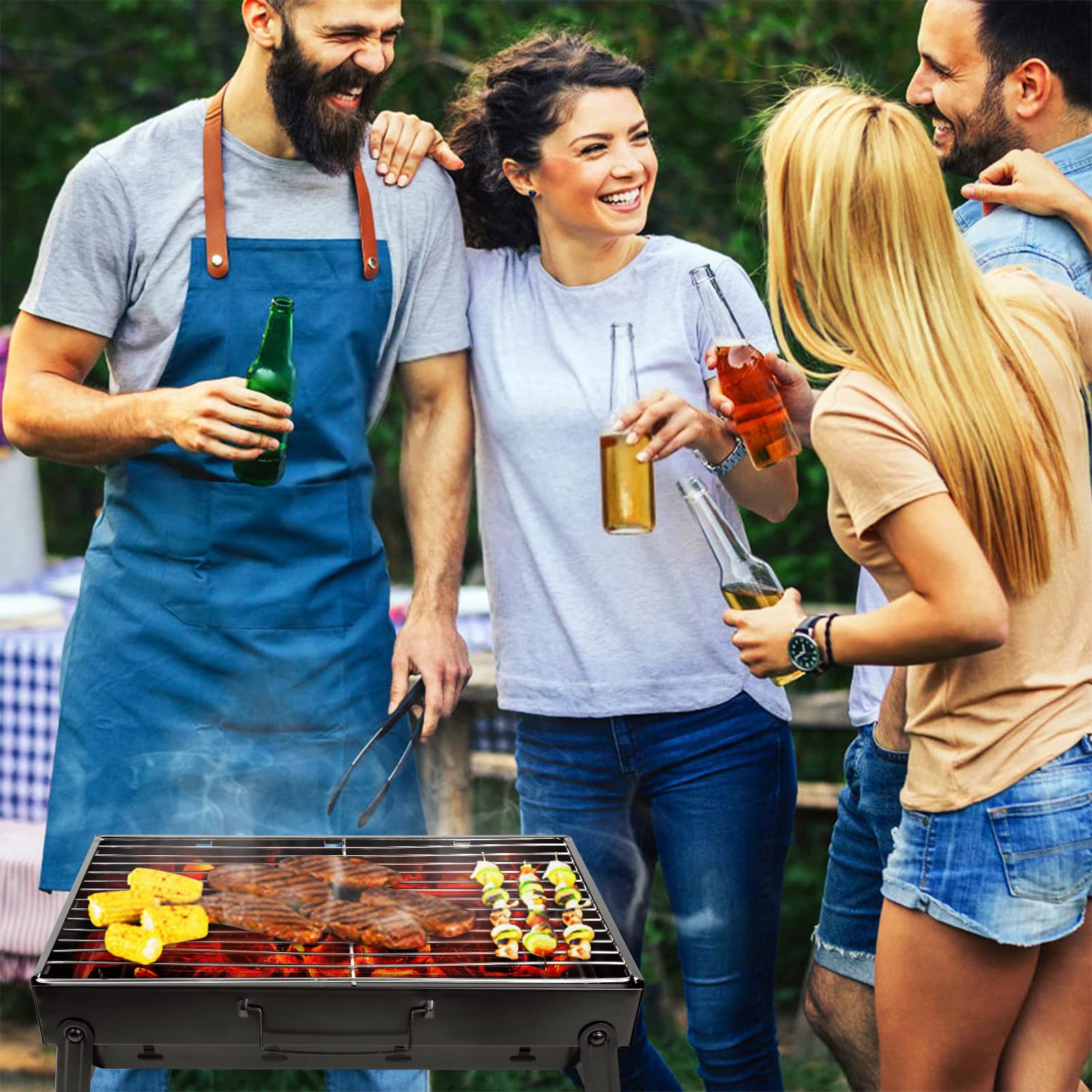 Uten parrilla con alimentos, cocción uniforme y práctica