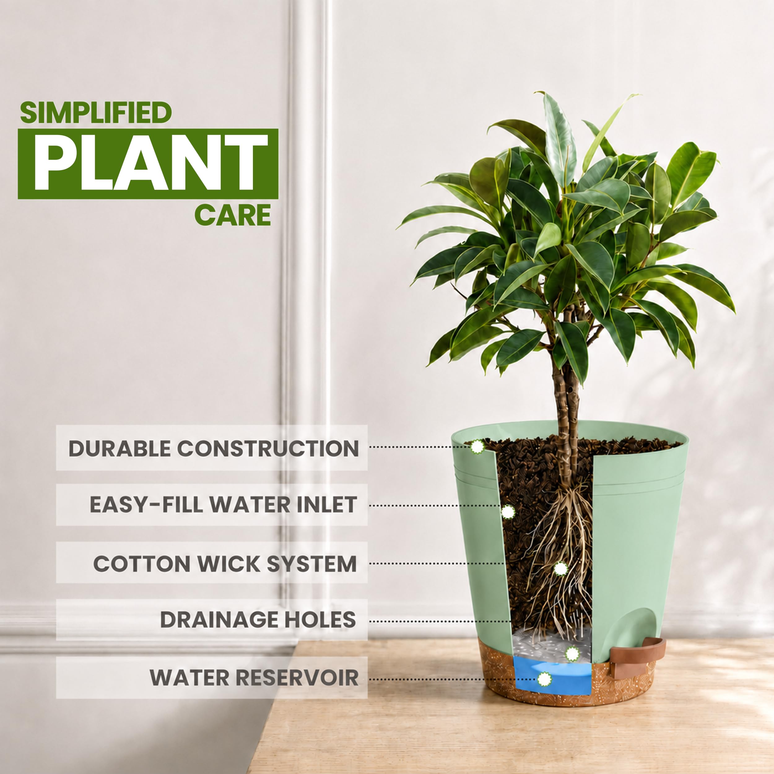 Utopia Home maceta en uso sobre escritorio con planta saludable