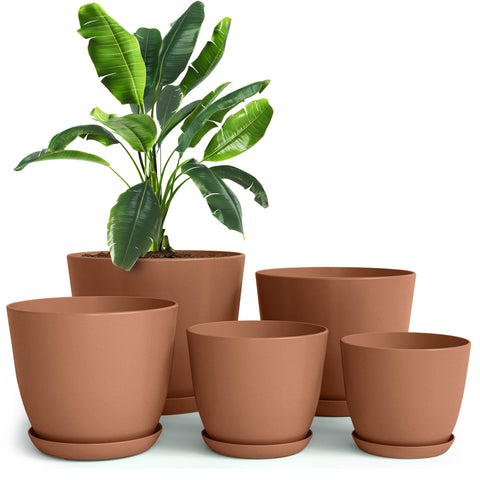 Utopia Home set frontal mostrando cinco macetas terracota, ideal para decoración