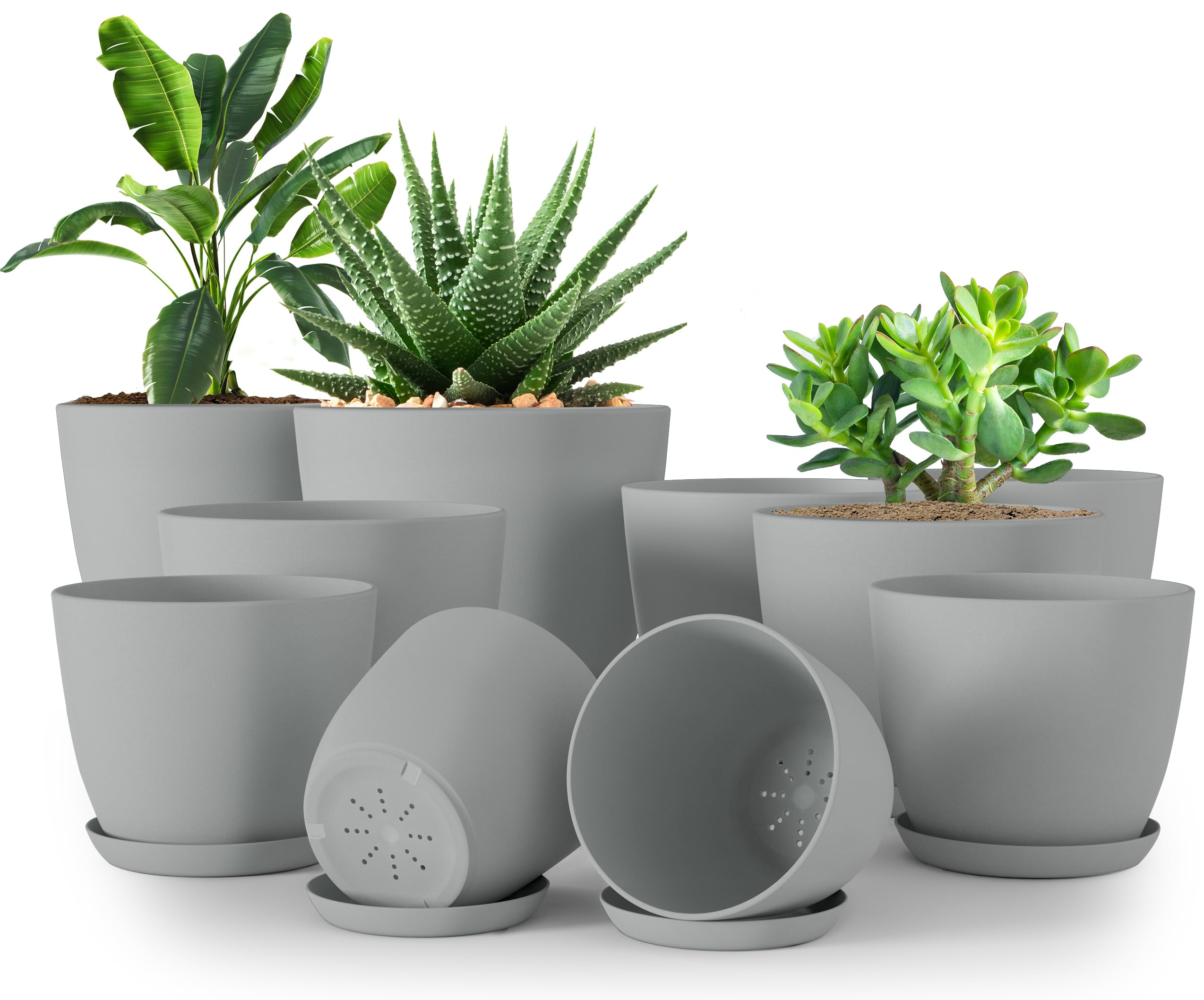 Utopia Home set frontal de macetas gris muestra la variedad de tamaños y estética