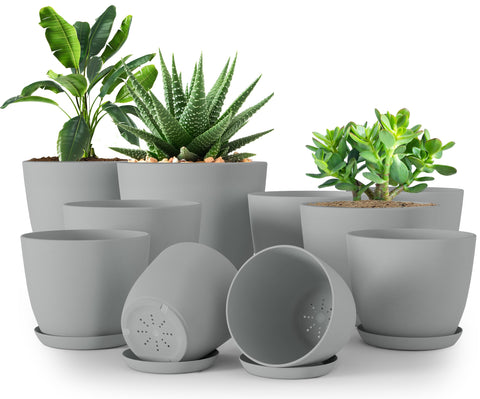 Utopia Home set frontal de macetas gris muestra la variedad de tamaños y estética