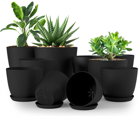 Utopia Home pack frontal de 10 macetas negras mostrando cinco tamaños y diseño elegante