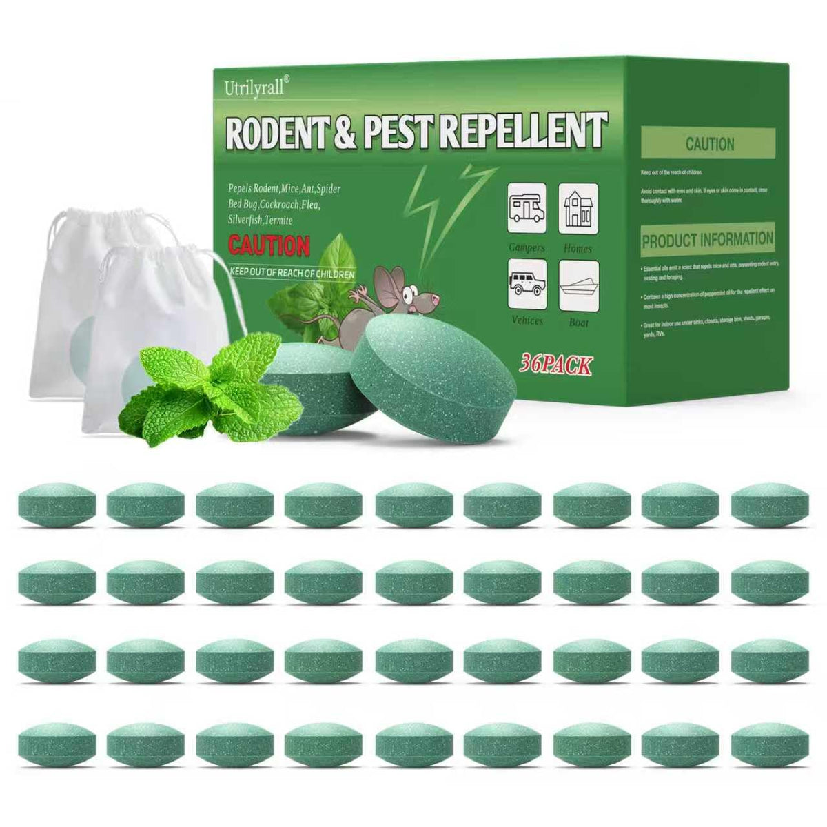 Utrilyrall paquete frontal mostrando 36 tabletas y marca, protección natural