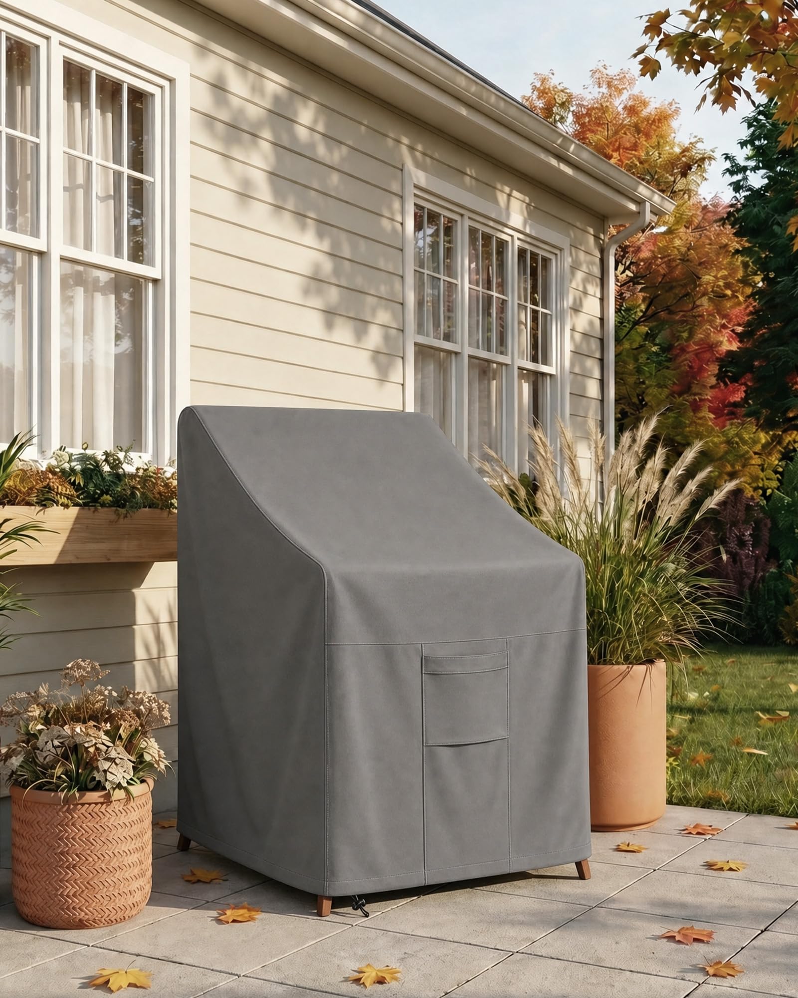 Vailge funda instalada en terraza gris, mantiene muebles listos y limpios