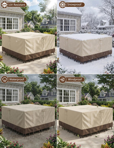 Vailge funda colocada en mesa de patio, aspecto estético y protección