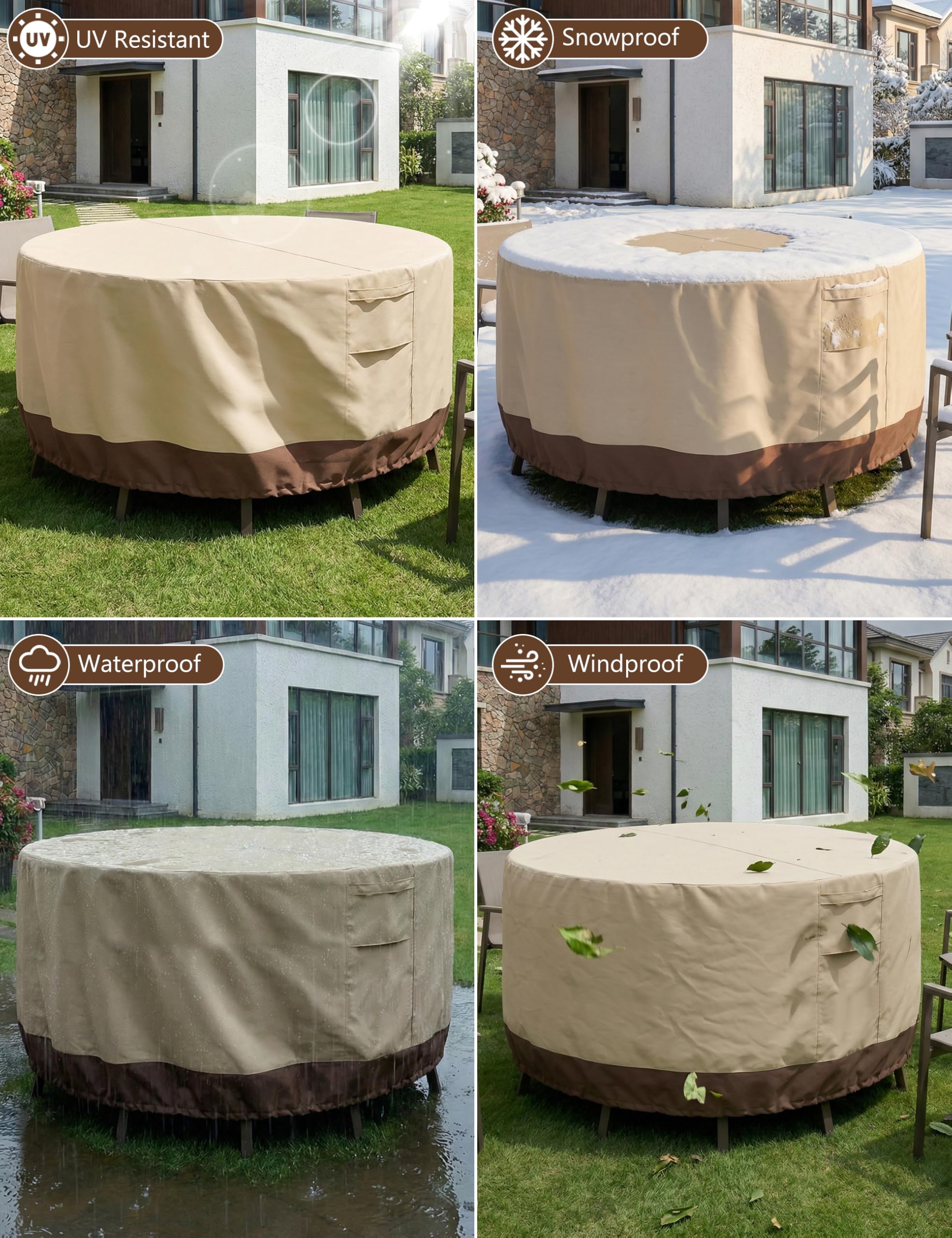 Vailge funda colocada en jardín protegiendo muebles todo el año
