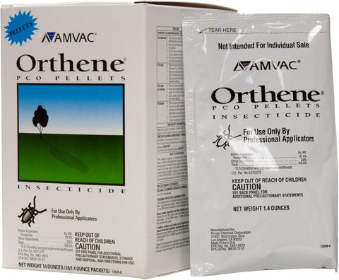 Valent USA Orthene presentación de pellets mostrando el envase y aplicación profesional