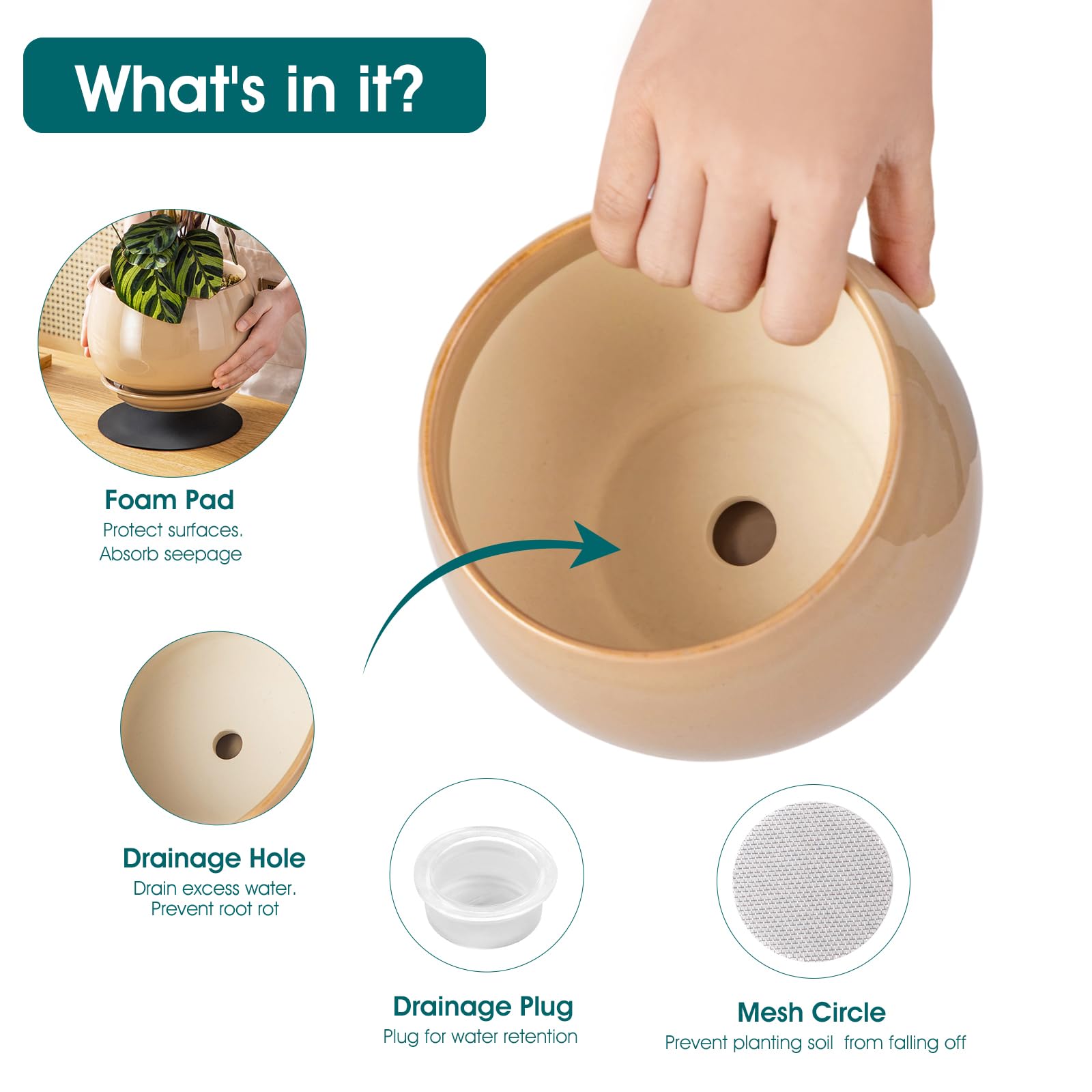 vancasso detalle del plato integrado y orificio de drenaje con tapón