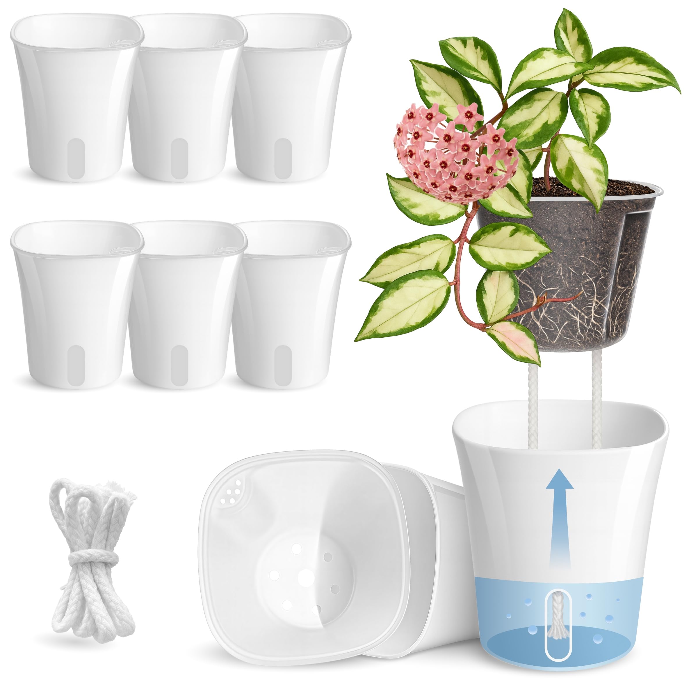 Vandorelle vista frontal del pack de 8 macetas mostrando diseño blanco y compacto