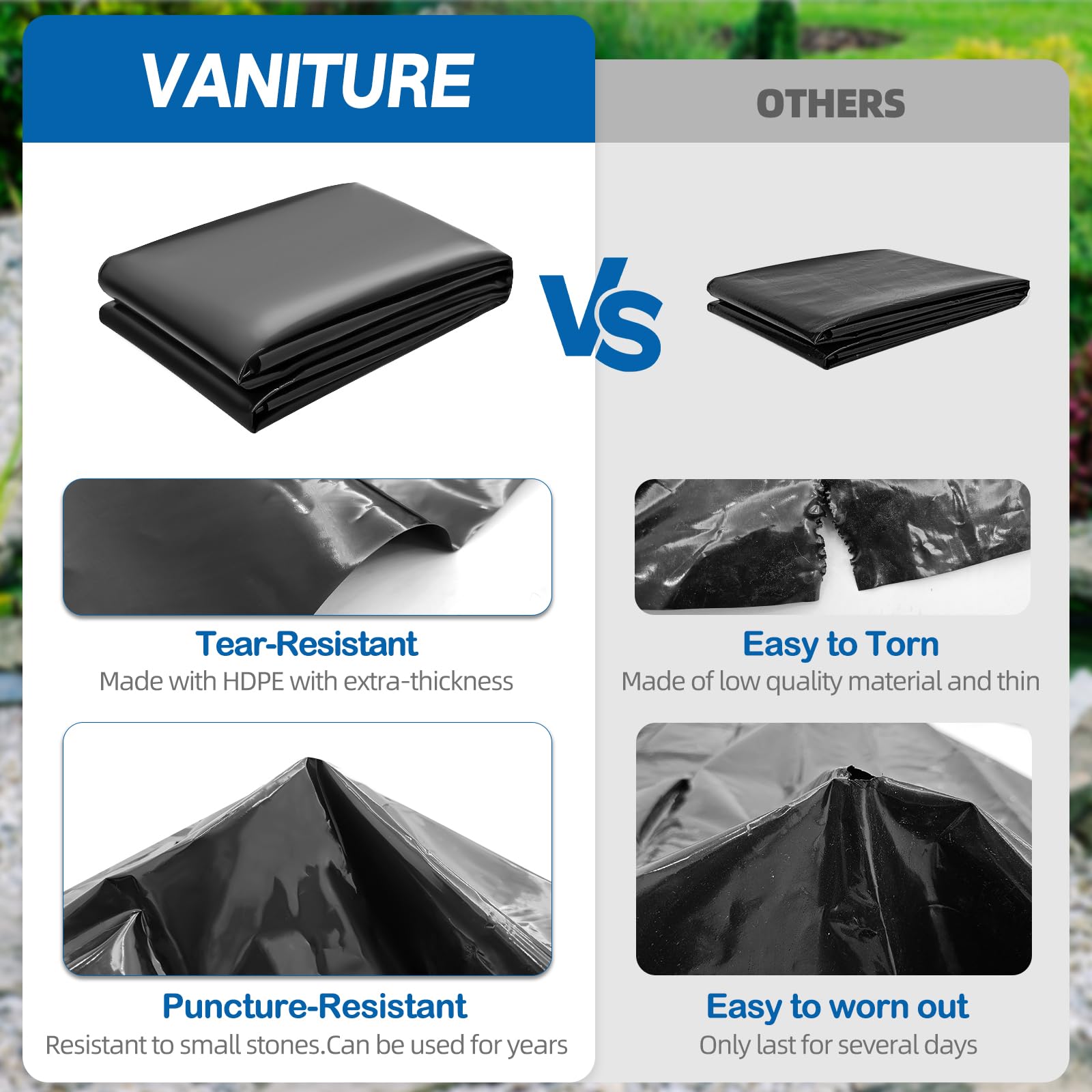 VANITURE liner instalado en estanque de jardín, mejora estética y retención