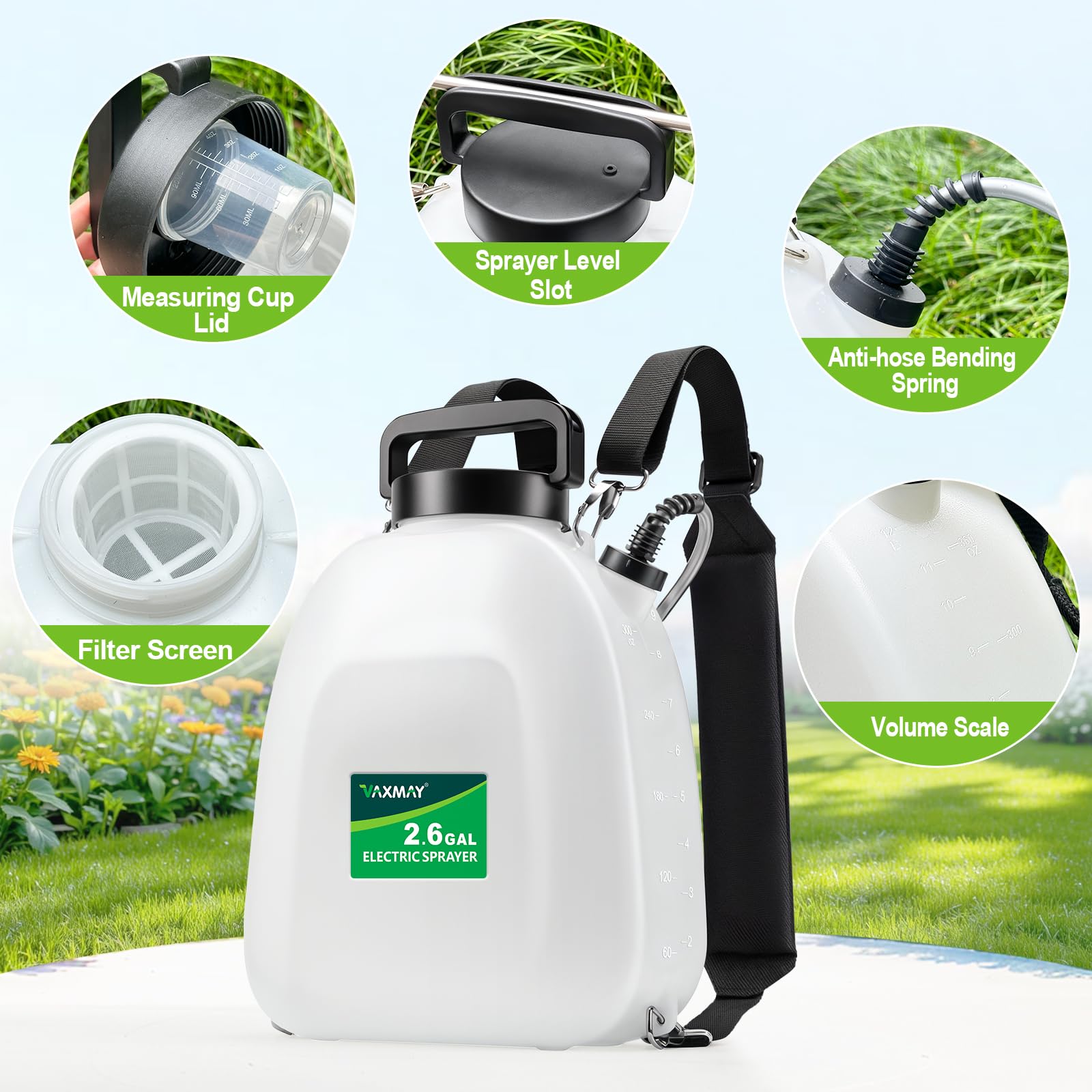 VAXMAY persona usando el pulverizador en jardín para aplicaciones rápidas