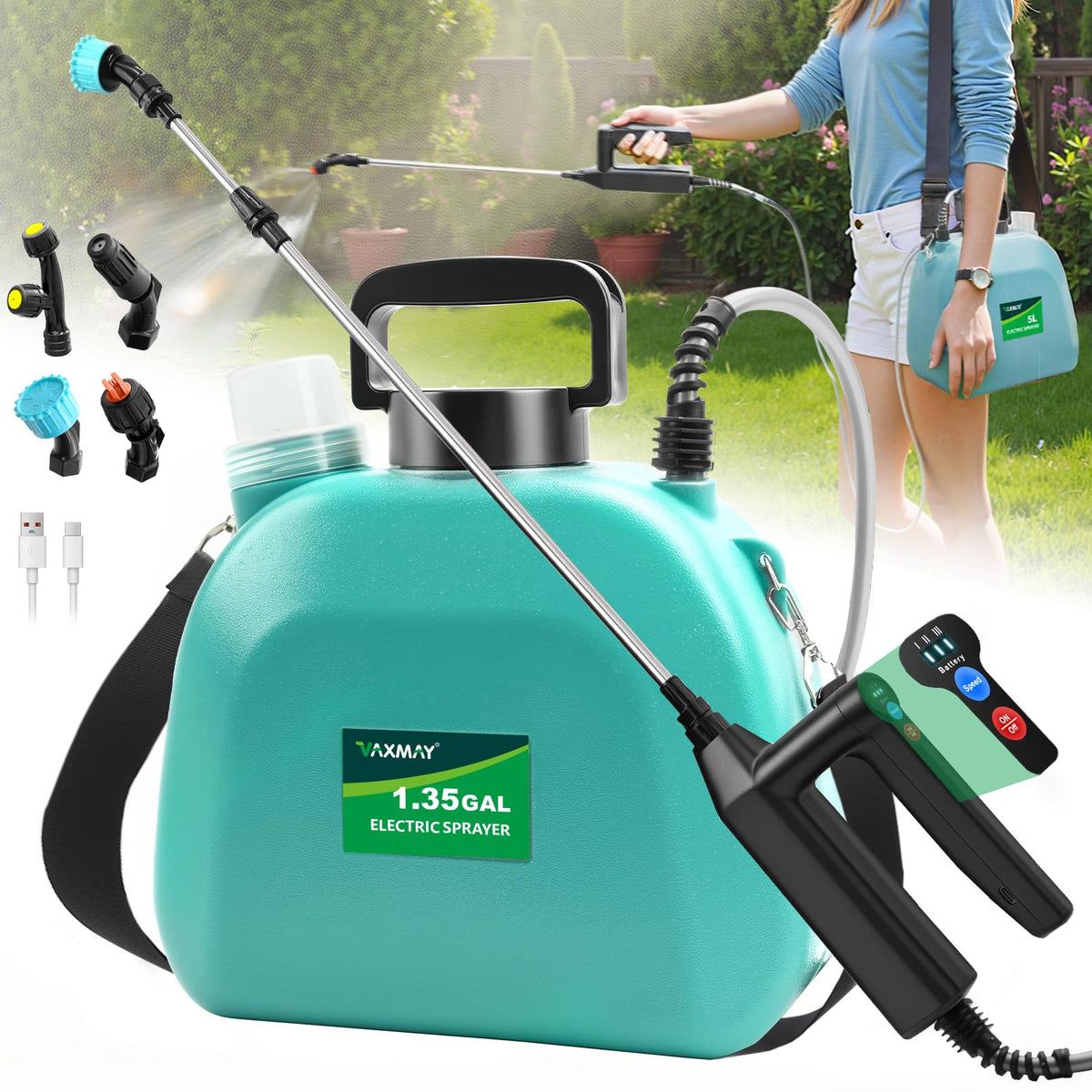 VAXMAY vista frontal del pulverizador verde con diseño compacto y beneficio portátil