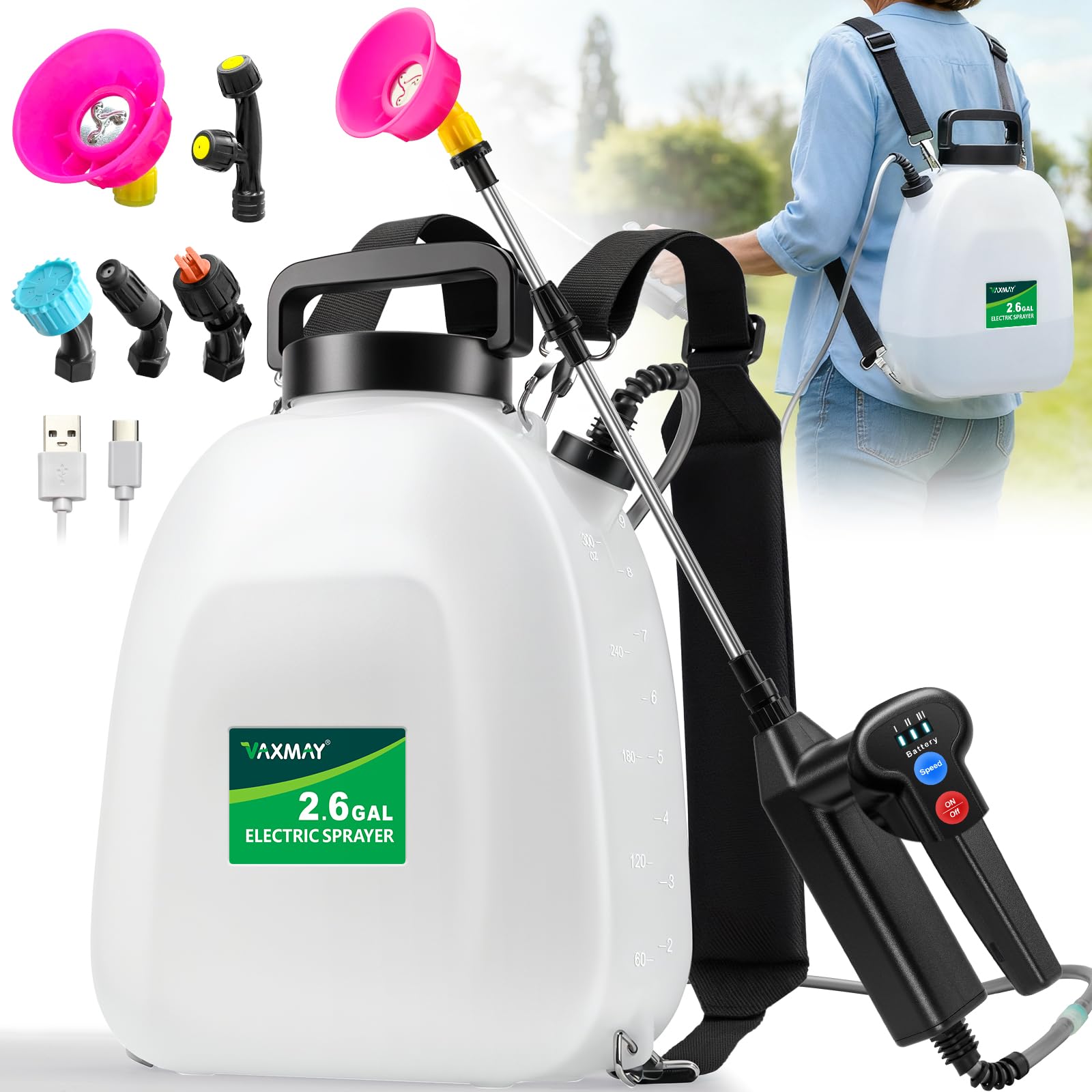 VAXMAY pulverizador frontal mostrando tanque y correas para comodidad