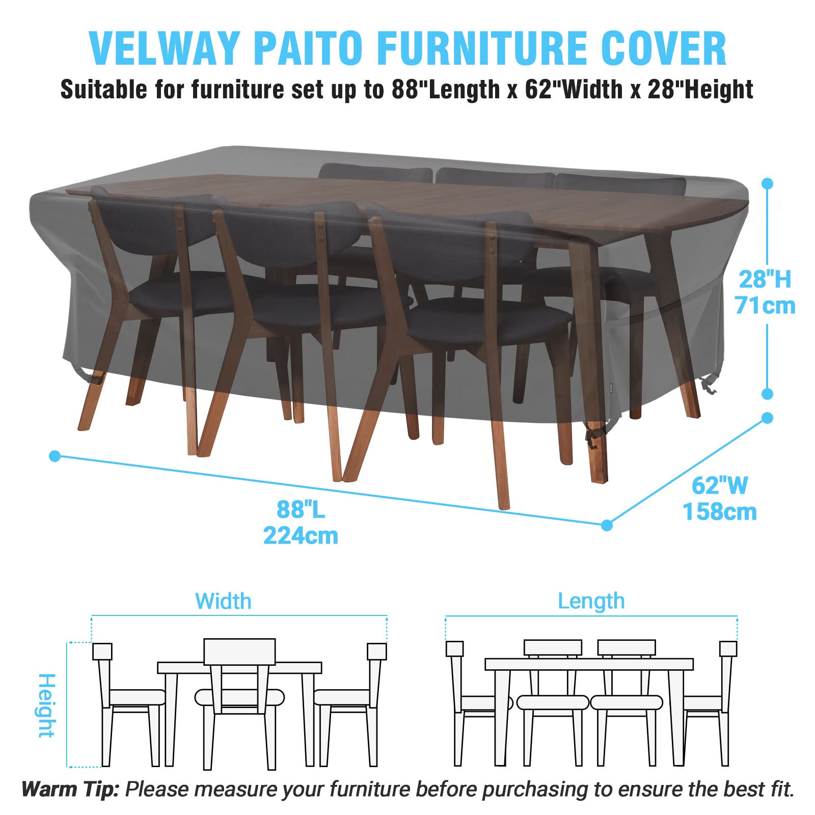 Velway escena de patio con funda puesta, mantiene muebles limpios