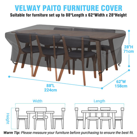Velway escena de patio con funda puesta, mantiene muebles limpios