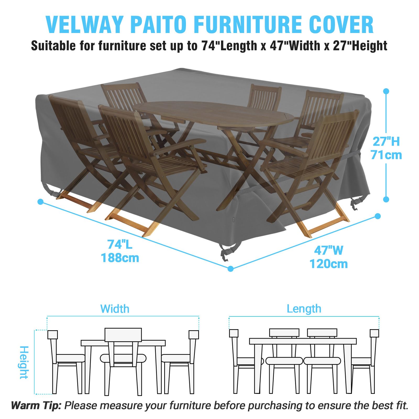 Velway funda instalada en patio bistro, resistente a intemperie y polvo
