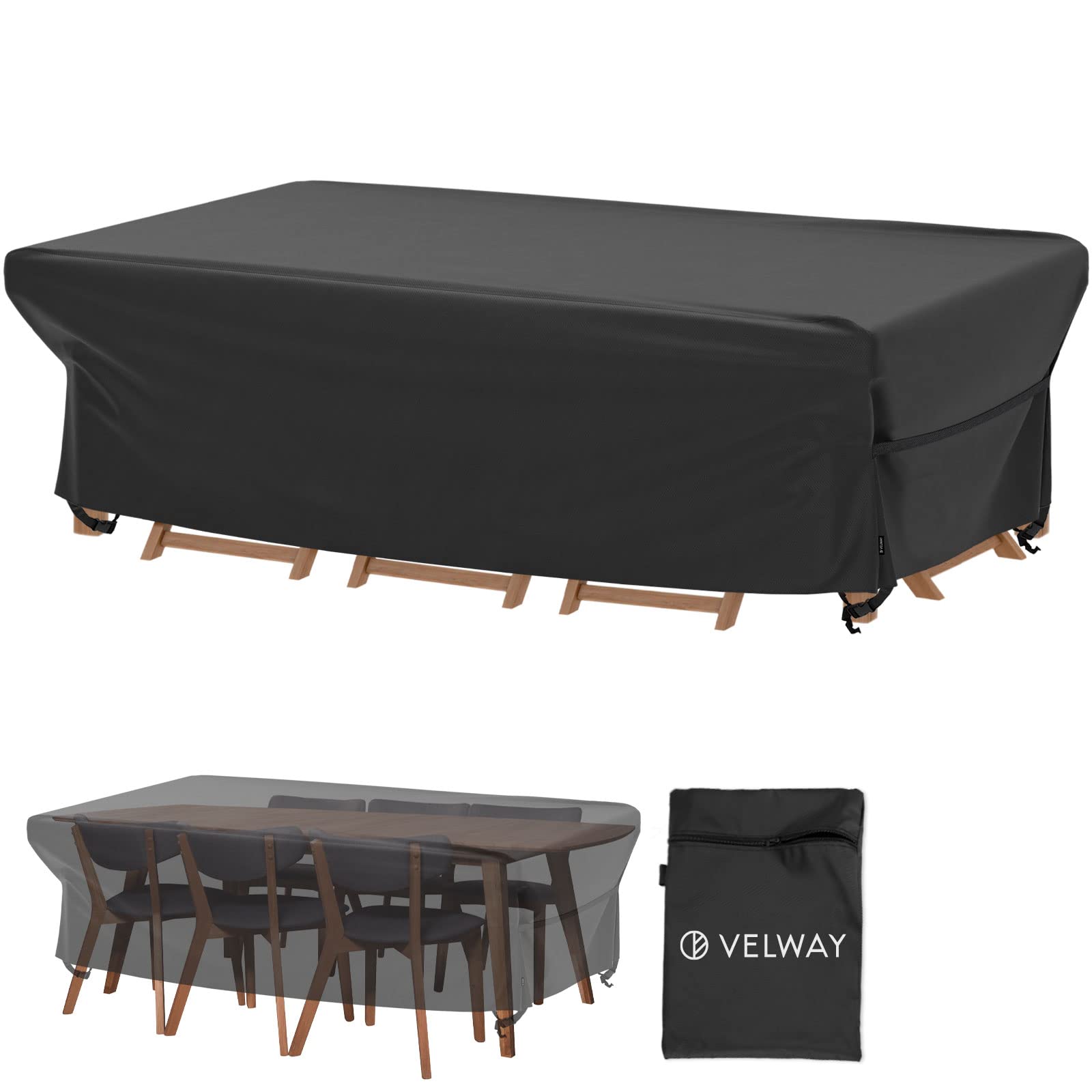 Velway vista frontal de la funda cubriendo mesa y sillas, protección completa
