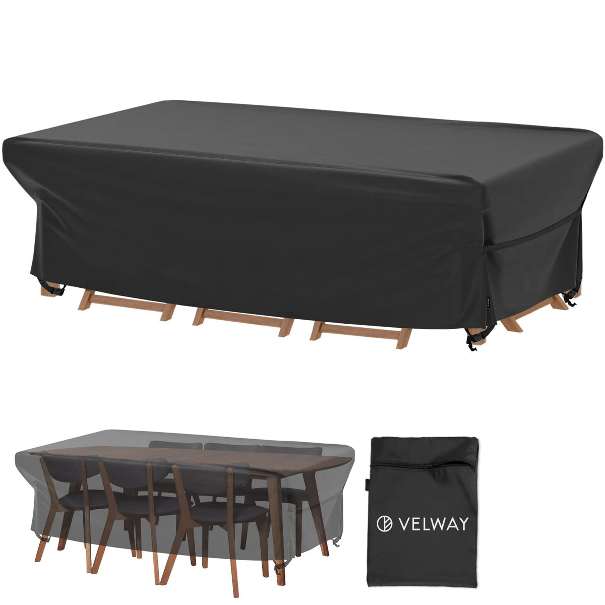 Velway vista frontal de la funda cubriendo mesa y sillas, protección completa