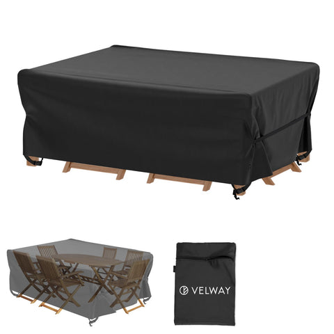 Velway vista frontal de la funda cubriendo mesa y sillas, protección inmediata