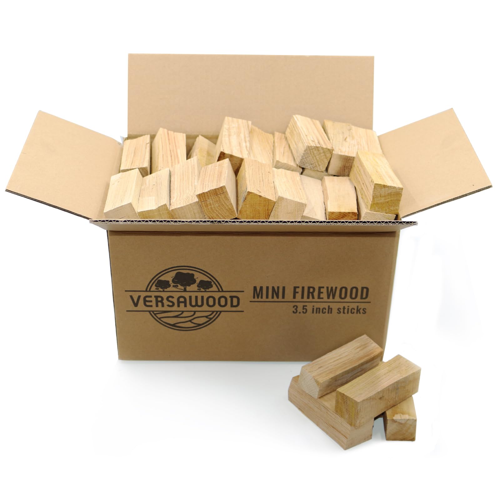 VERSAWOOD empaque frontal mostrando troncos compactos y fácil transporte