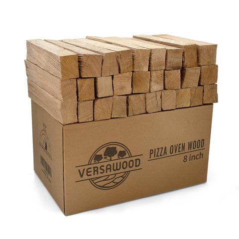 VERSAWOOD paquete frontal mostrando troncos listos para horno, almacenamiento fácil