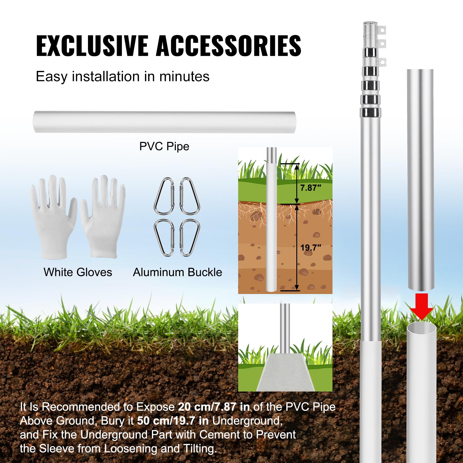 VEVOR accesorios incluidos: tubo PVC de anclaje y bola superior para montaje seguro