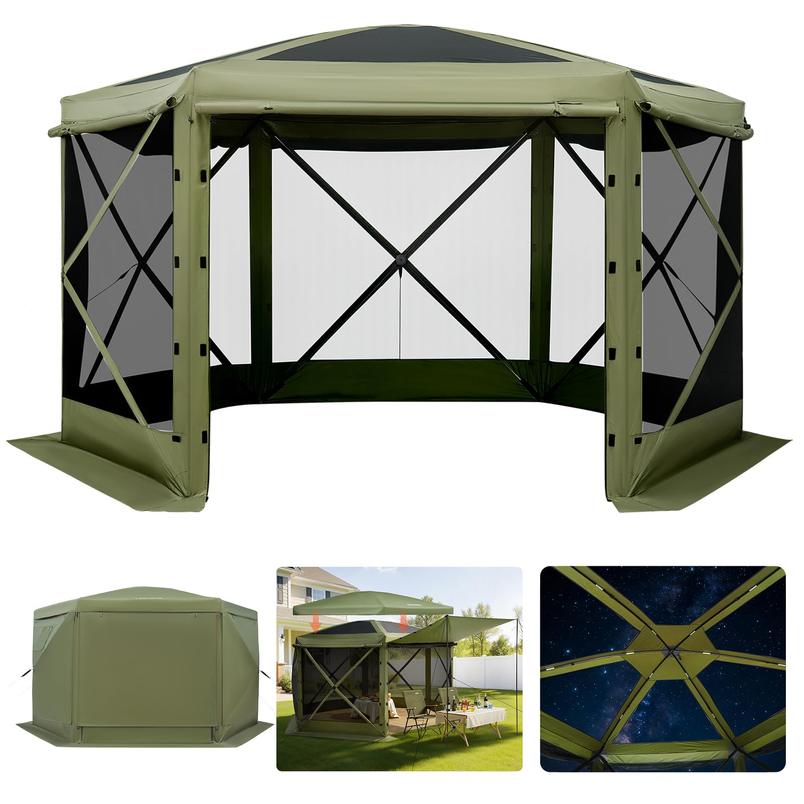 VEVOR carpa frontal 10x10 mostrando espacio para 6-8 personas y comodidad