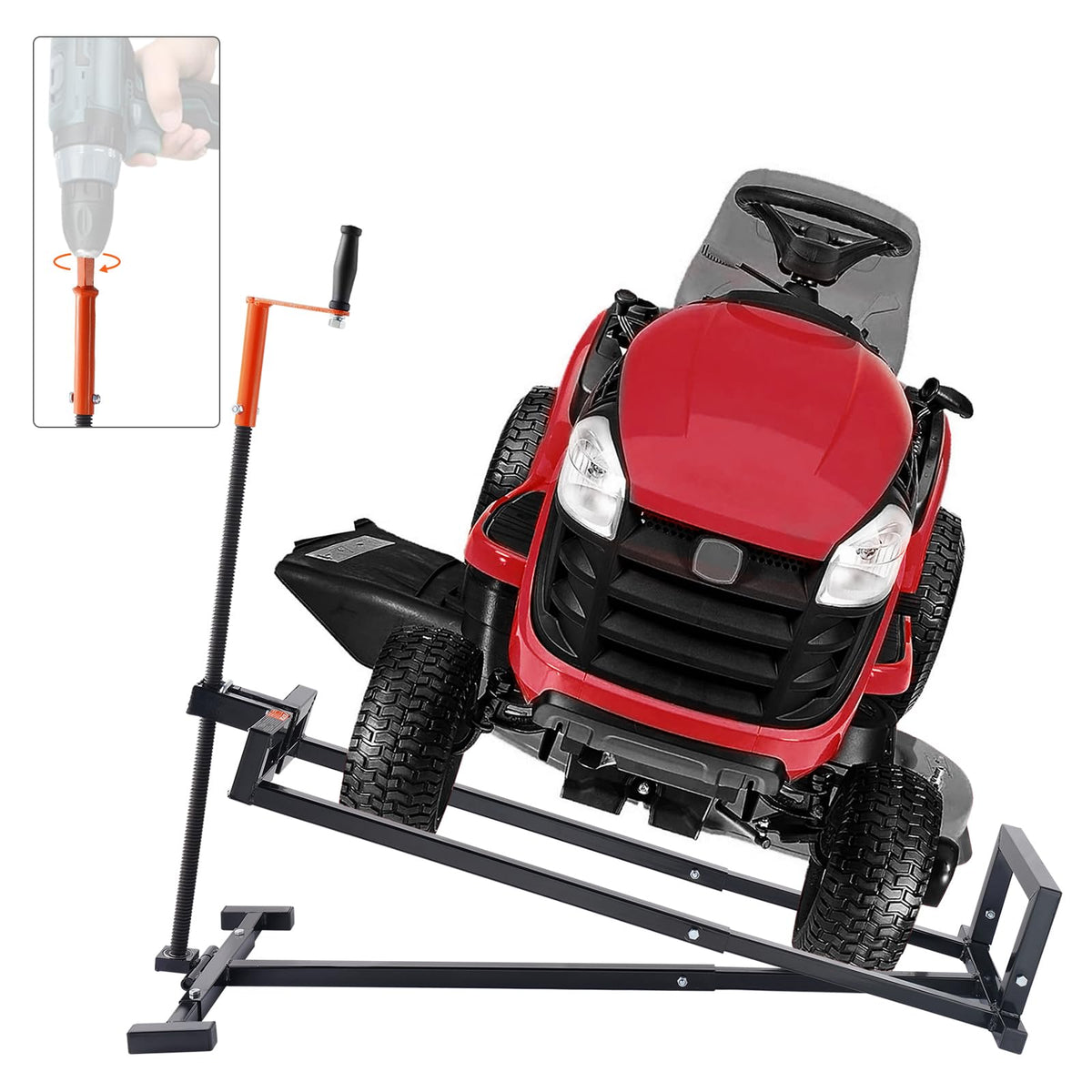 VEVOR elevador frontal mostrando base estable y carga segura