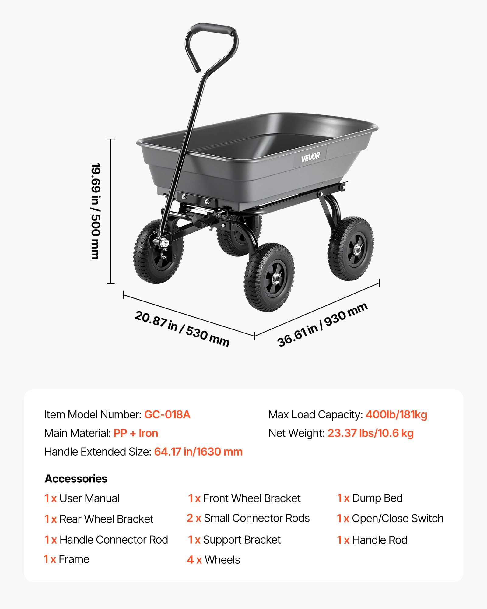 VEVOR carrito en uso en jardín moviendo tierra con menos viajes