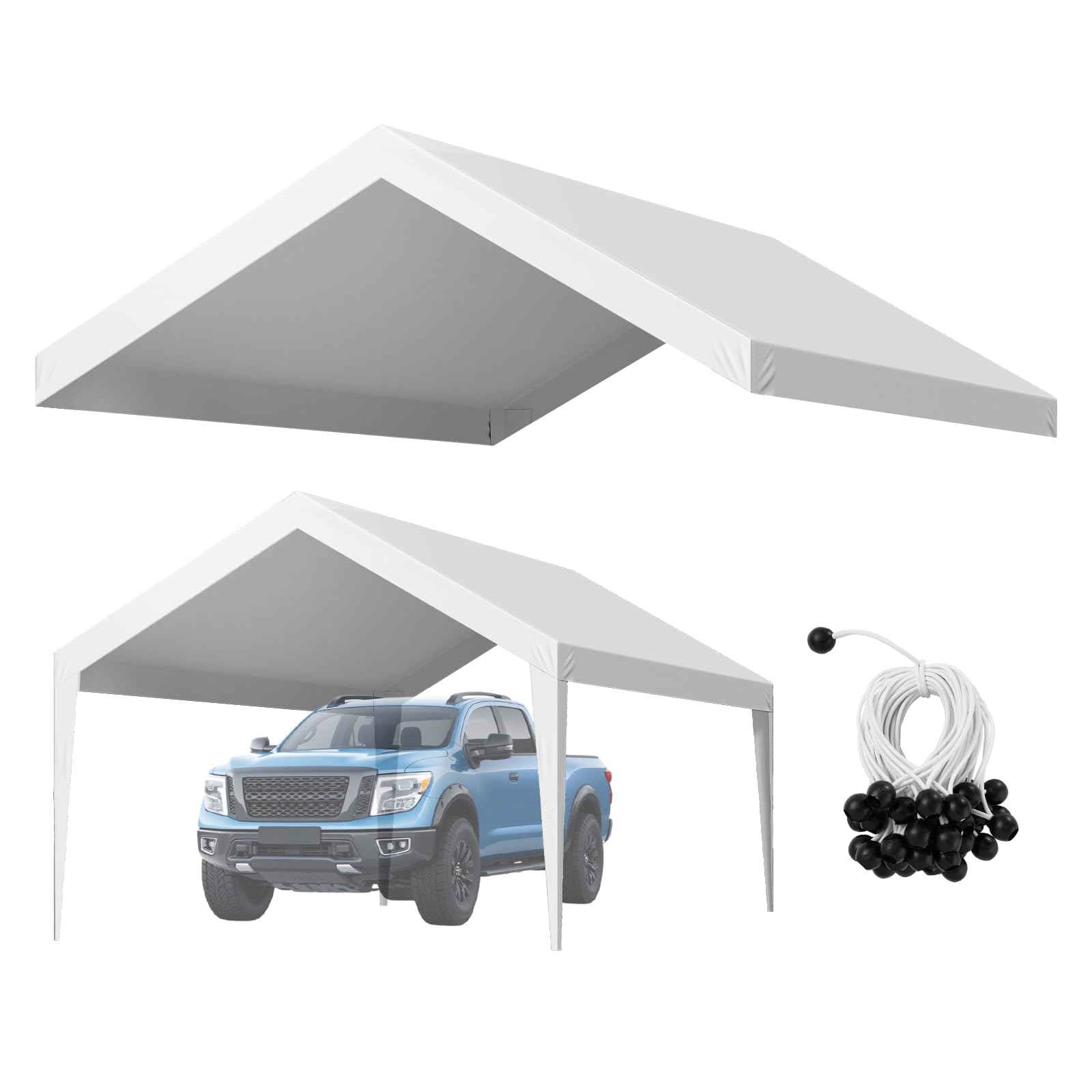 VEVOR vista frontal del toldo 12x20 protegiendo vehículo