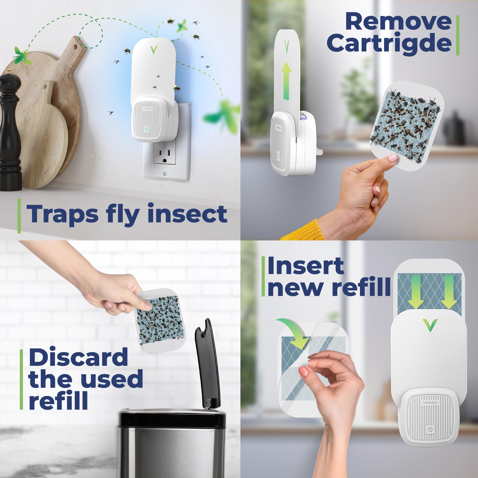 VEYOFLY dispositivo colocado en cocina ayudando a controlar moscas de fruta